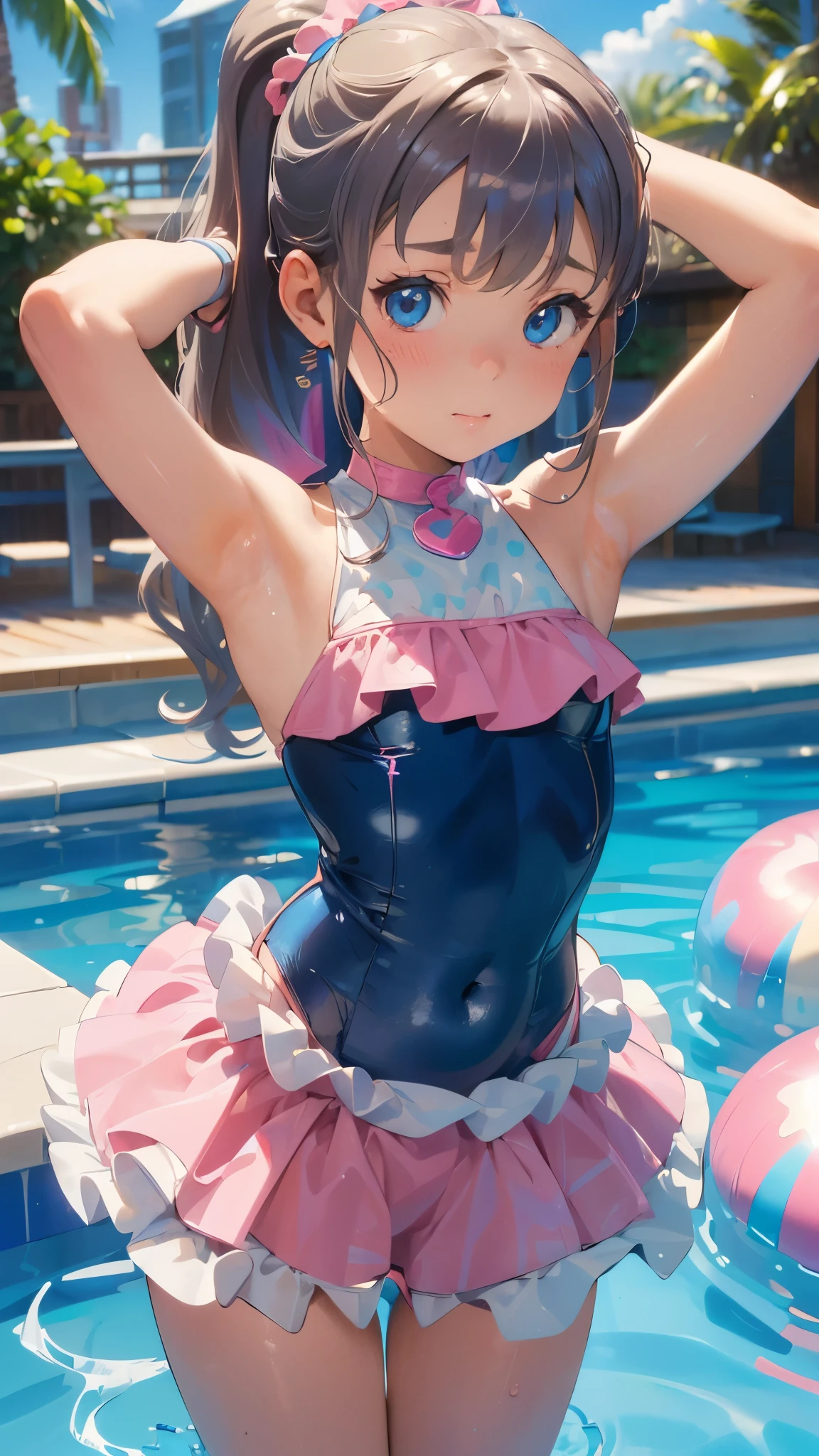 (perfect anatomy, balanced proportions, extremely cute illustration:1.1), poolside, blond hair, blue eyes, wavy long hair, ponytail, hairstyle with the bangs cut in half, (arms behind head, armpits),  (embarrassed), (detailed gorgeous pink idol costume swimsuit with a lot of frills), , (little gute round face),