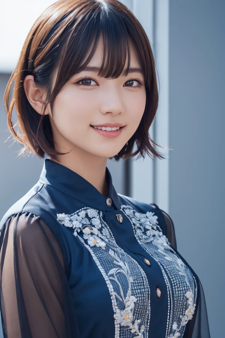 1 Girl, (Wearing colorful stage costumes:1.2), Very beautiful Japanese idol portraits, Face close-up, (RAW Photos, Highest quality), (Realistic, Realistic:1.4), (masterpiece), Very delicate and beautiful, Very detailed, 2k wallpaper, wonderful, finely, Very detailed CG Unity 8K wallpaper, Very detailed, High resolution, Soft Light, Beautiful detailed girl, Very detailed目と顔, Beautiful and sophisticated nose, Beautiful and beautiful eyes, Cinema Lighting, (Simple light color background:1.3), (short hair), (Bob), Complete Anatomy, Slender body, Small breasts, smile、In town