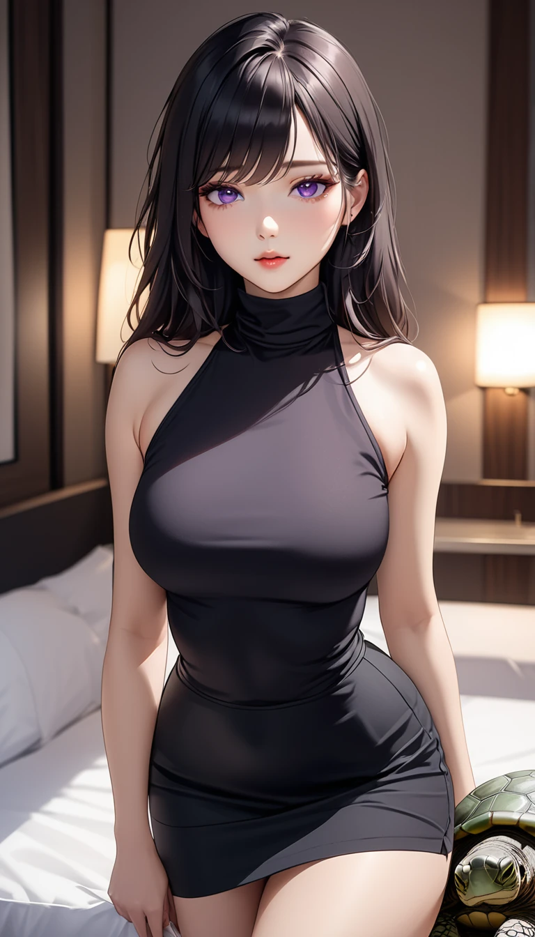 masterpiece, high resolution, beautiful woman, Korean Beauty, 30 years old, black sleeve less turtle neck, mini pencil skirt, beautiful woman, night hotel, looking at me, (high resolution face), (high resolution eyes), (high quality eyes), black hair, purple eyes, little curvy