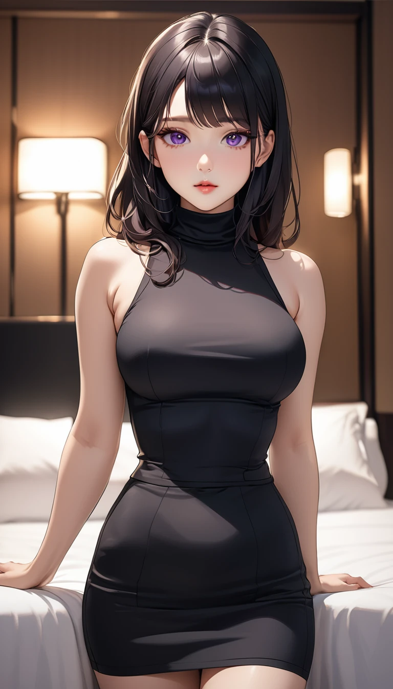 masterpiece, high resolution, beautiful woman, Korean Beauty, 30 years old, black sleeve less turtle neck, mini pencil skirt, beautiful woman, night hotel, looking at me, (high resolution face), (high resolution eyes), (high quality eyes), black hair, purple eyes, little curvy
