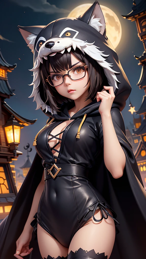 (Highest quality:1.2)。One Woman。Beautiful woman。Brunette short bob。Glasses。Angry expression。(Wearing a hooded wolf costume)。(standing)。The background is a Halloween town at night。