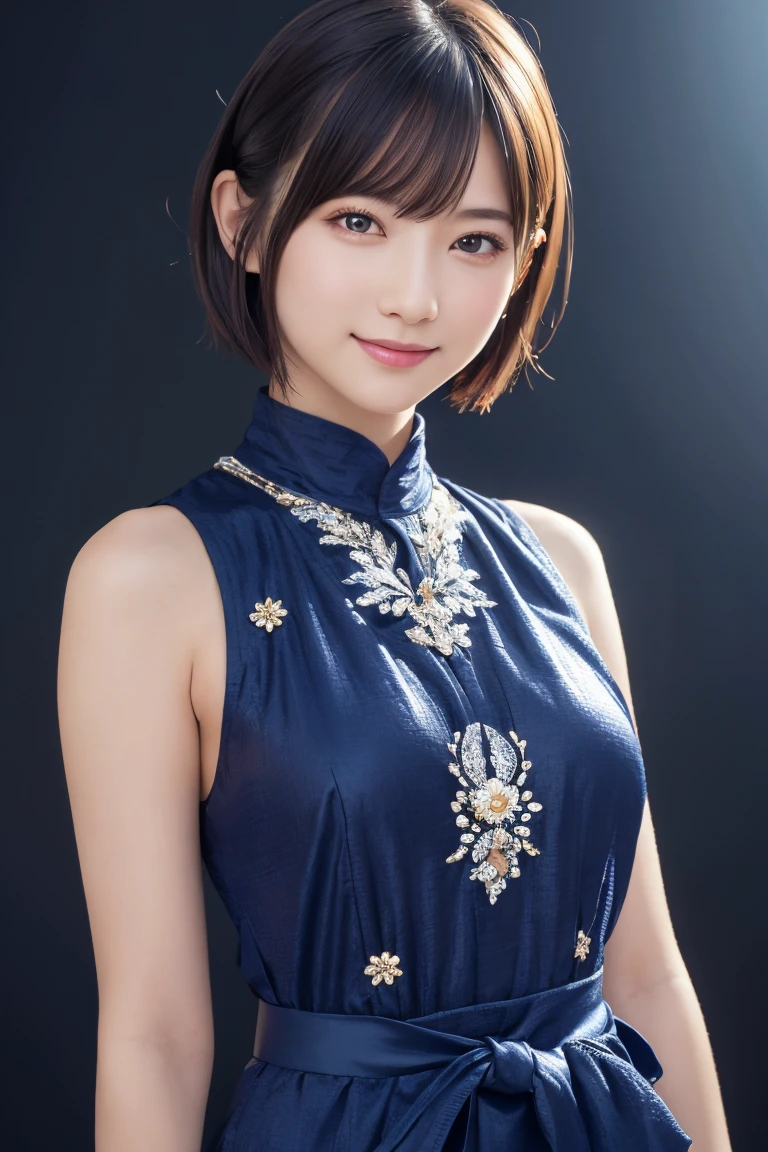 1 Girl, (Wearing colorful stage costumes:1.2), Very beautiful Japanese idol portraits, Face close-up, (RAW Photos, Highest quality), (Realistic, Realistic:1.4), (masterpiece), Very delicate and beautiful, Very detailed, 2k wallpaper, wonderful, finely, Very detailed CG Unity 8K wallpaper, Very detailed, High resolution, Soft Light, Beautiful detailed girl, Very detailed目と顔, Beautiful and sophisticated nose, Beautiful and beautiful eyes, Cinema Lighting, (Simple light color background:1.3), (short hair), (Bob), Complete Anatomy, Slender body, Small breasts, smile