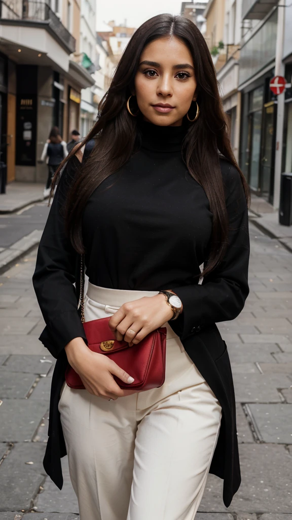 Create the image of a 35-year-old woman, with very long, straight and voluminous hair, black and parted to the side. She is a beautiful woman of Colombian origin, wearing a black blouse with an elegant turtleneck and red tailored pants, holding a bag in her hand, with golden earrings and a watch. She is 1.55 tall and 75 kilos with a round face. She is on a London street, going to a business meeting, she has delicate and subtle hands. High quality, high resolution, 8k.