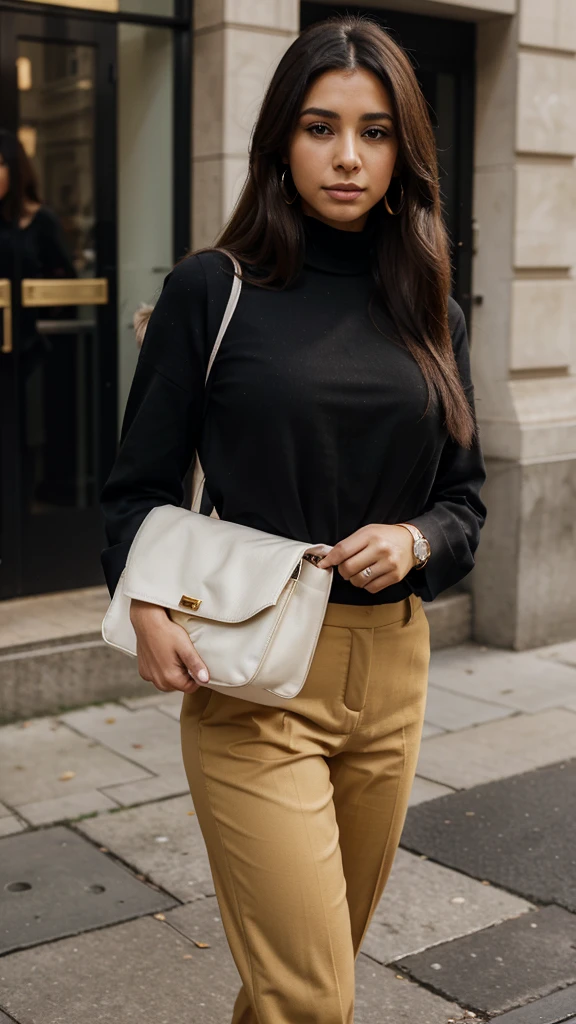 Create the image of a 35-year-old woman, with very long, straight and voluminous hair, black and parted to the side. She is a beautiful woman of Colombian origin, wearing a black blouse with an elegant turtleneck and red tailored pants, holding a bag in her hand, with golden earrings and a watch. She is 1.55 tall and 75 kilos with a round face. She is on a London street, going to a business meeting, she has delicate and subtle hands. High quality, high resolution, 8k.