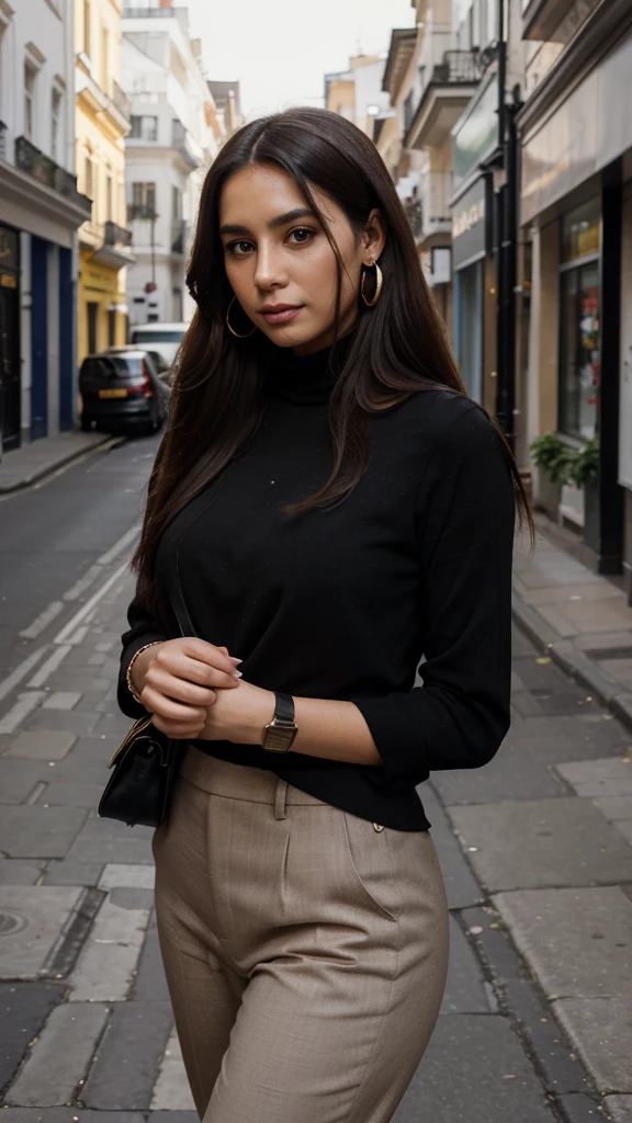 Create the image of a 35-year-old woman, with very long, straight and voluminous hair, black and parted to the side. She is a beautiful woman of Colombian origin, wearing a black blouse with an elegant turtleneck and red tailored pants, holding a bag in her hand, with golden earrings and a watch. She is 1.55 tall and 75 kilos with a round face. She is on a London street, going to a business meeting, she has delicate and subtle hands. High quality, high resolution, 8k.