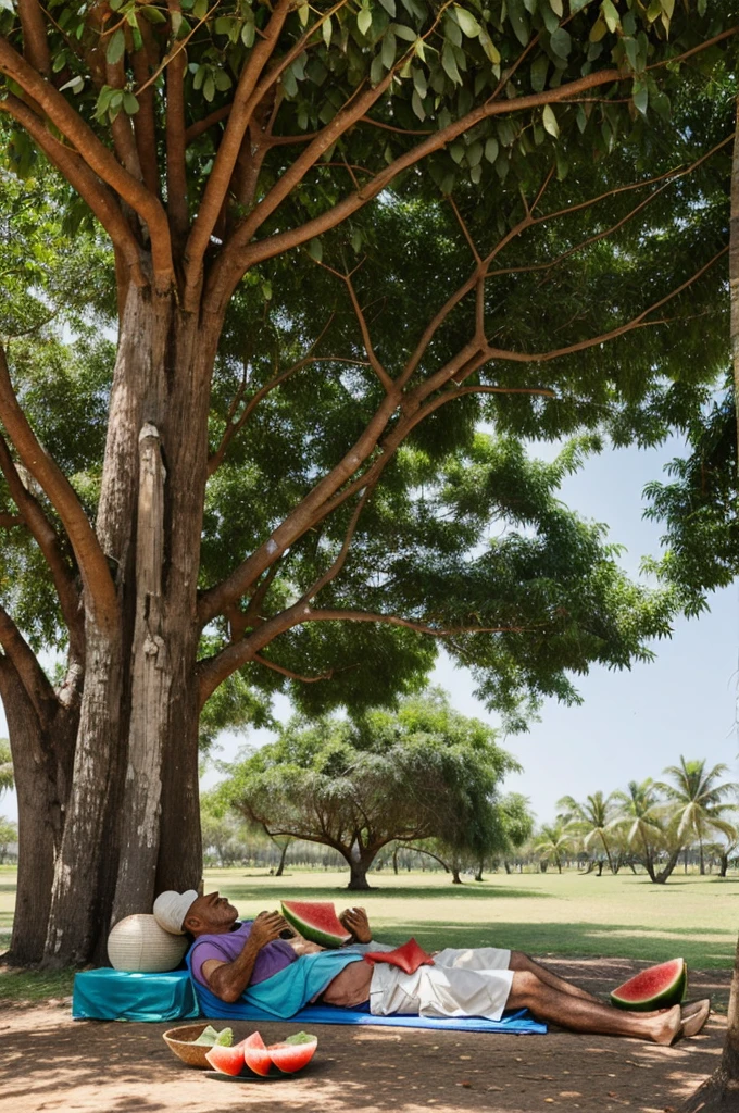 An old man is lying down eating watermelon under a banyan tree