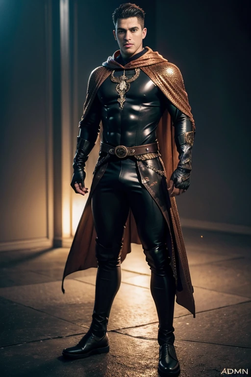 Full full body photorealistic handsome Hunky Adam,, wearing a copper micro honeycomb textured filigree latex spandex and gloves , copper hooded cape, standing firmly face frontal camera focus asymmetrical face details,charachter, beautiful, devian art, trending artstation, digital art, detailed, realistic, humanoide, character,cinematic sho ,cinematic lights, high textures, high resolution, dreamlikeart, 8k, highly detailed, stabilized diffusion. Detailed face and fingers.