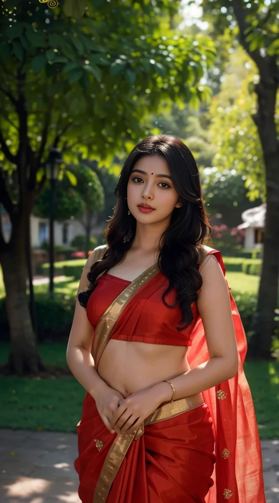 Masterpiece, highest quality, high resolution, solo, desi girl with chubby face and natural skin, wearing saree, curvy figure, looking deep novel,charming black hair with hair ends subtly blended with blonde hues, backdrop of lush greenary village, bokeh effect creating a dreamy atmosphere.