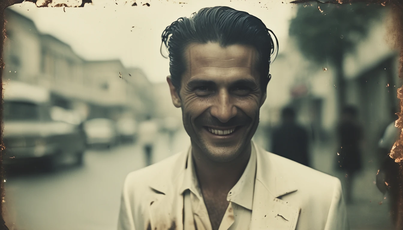 35mm vintage street photo of a 40 years old man, slick back hair, white suit, white shirt,evil laugh, determined eyes, glowing eyes, proud, scary, eerie, dark, lucifer in the street, bokeh, professional