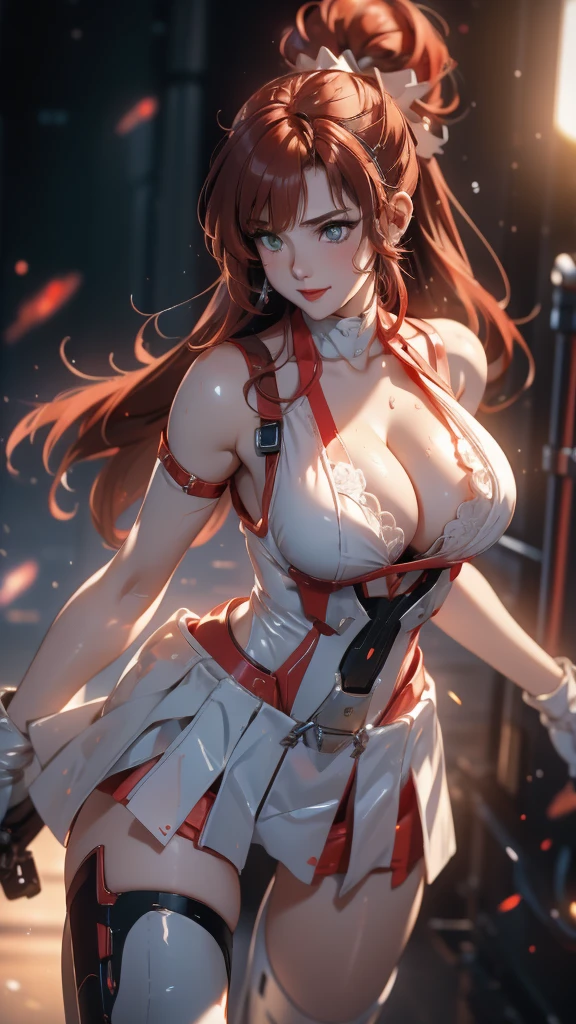 18-year-old girl,Baby Face,Crimson short-haired,ponytail hairstyle,Smile,Huge breasts,cleavage,Sheer red sleeveless top,Leave space in the middle to reveal cleavage,Soaked all over,Blushing,green eyes,Female spy,Red miniskirt,White gloves,White hand sleeves,White boots,Science fiction,Future,Inside the mecha combat robot warehouse,robot driver,Pistol hanging on waist,No bangs,Wearing earrings only on one side,Lipstick