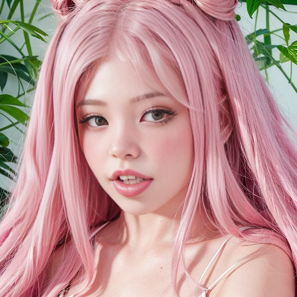 belledel, masterpiece, best quality, 1girl, cunnilingus gesture, pink hair