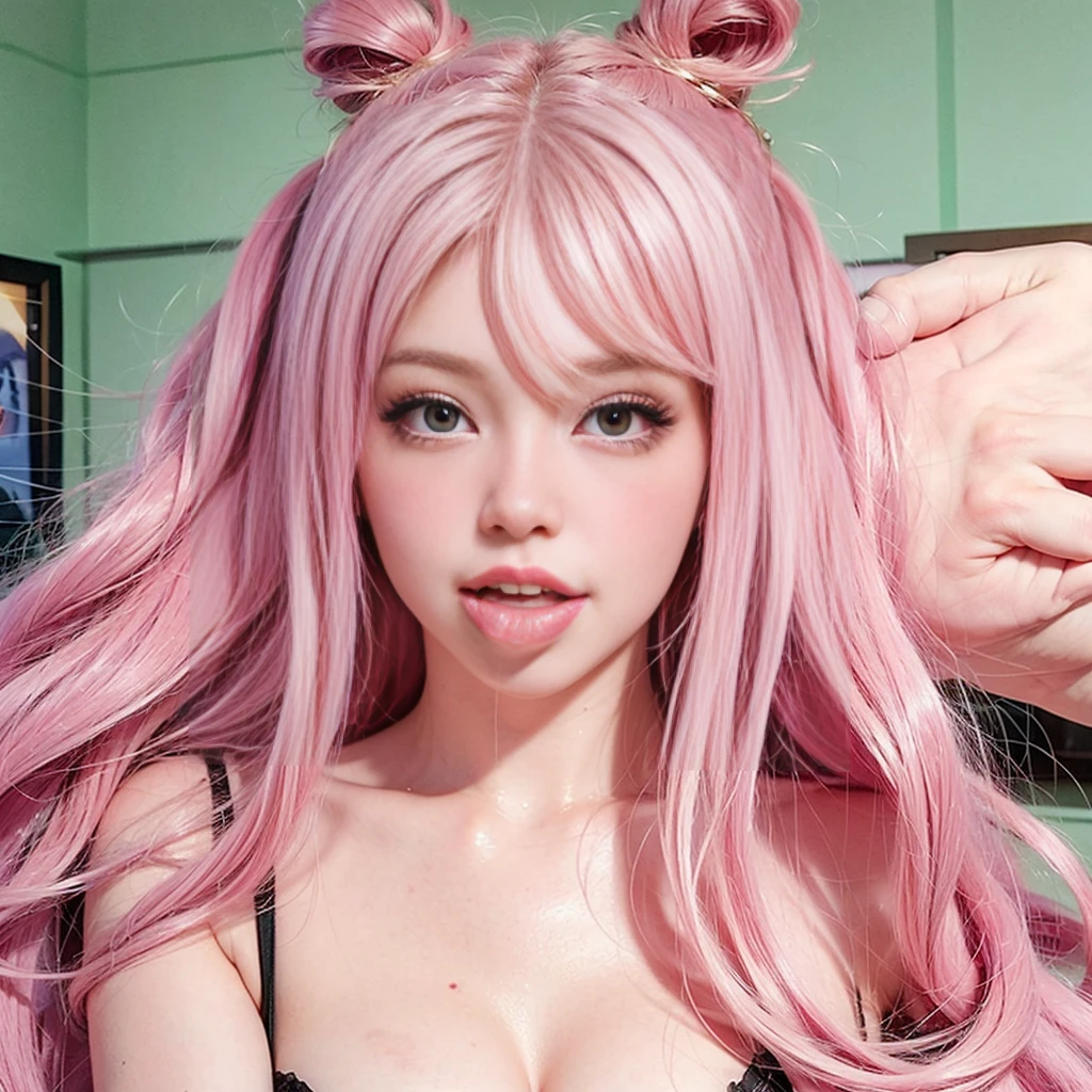 belledel, masterpiece, best quality, 1girl, cunnilingus gesture, pink hair