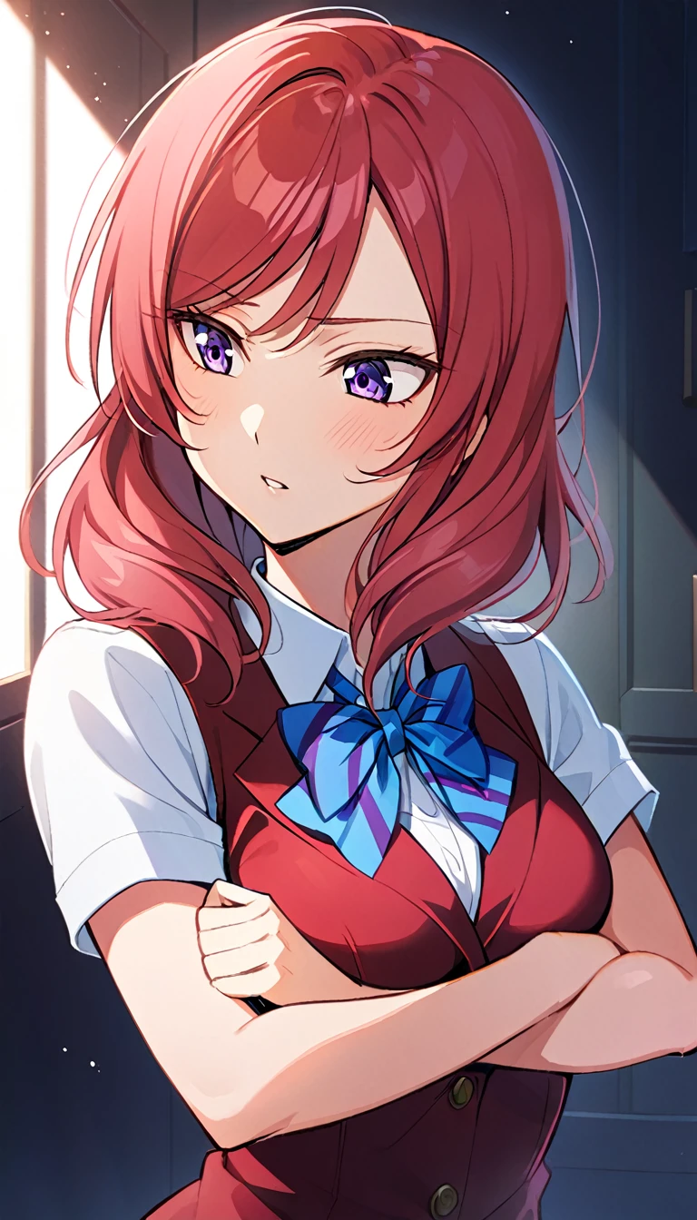 1girl, nishikino maki, upper body, otonokizaka ,id_maki_nishikino,She has her arms folded, her face turned to the side, and a sulky look on her face.