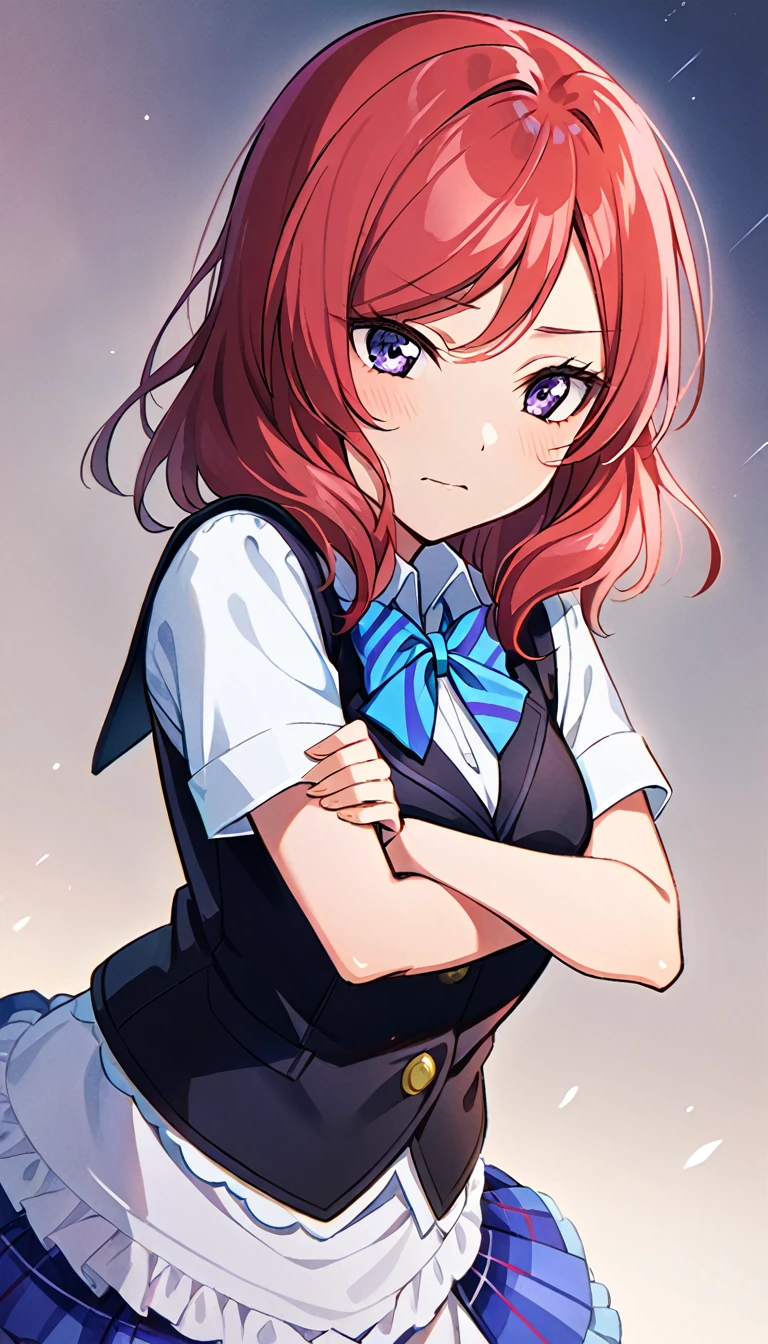 1girl, nishikino maki, upper body, otonokizaka ,id_maki_nishikino,She has her arms folded, her face turned to the side, and a sulky look on her face.