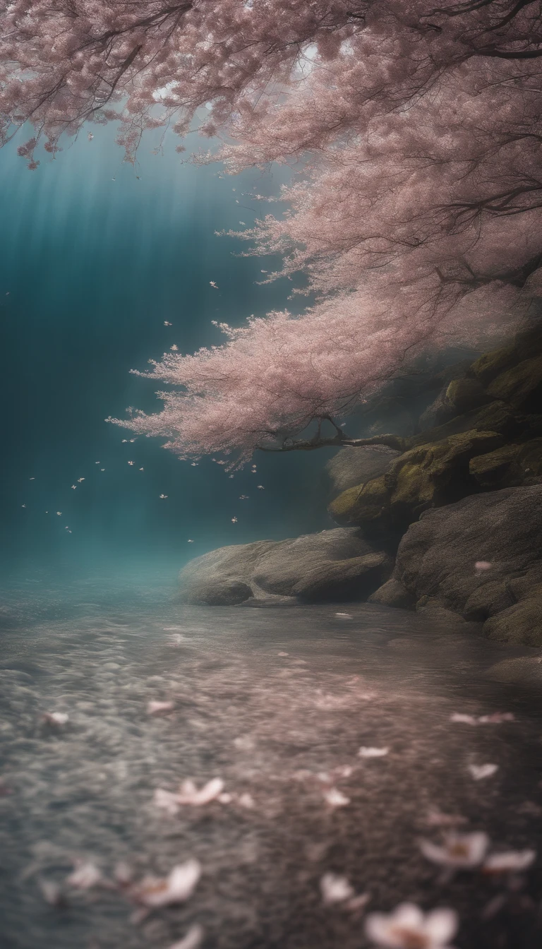 seabed、Cherry blossom in the center、Faintly shining bubbles and cherry blossom petals fluttering in the sea、Super high resolution