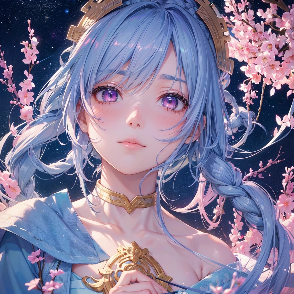 Sky blue hair, (One braided ponytail),(Pink Eyes),Fair skin ,(whole body),(One girl),Hanfu,The goddess,Tanabata,(A beautiful Milky Way in the night sky),Stern face,Blushing,Straight bangs,(masterpiece, Highest quality, Very detailed, Best Shadow), (Detailed Background), (Beautifully detailed face), High Contrast, (Best lighting, Very delicate and beautiful), ((Cinematic Light)), colorful, Hyper Detail, Dramatic Light, Intricate details,