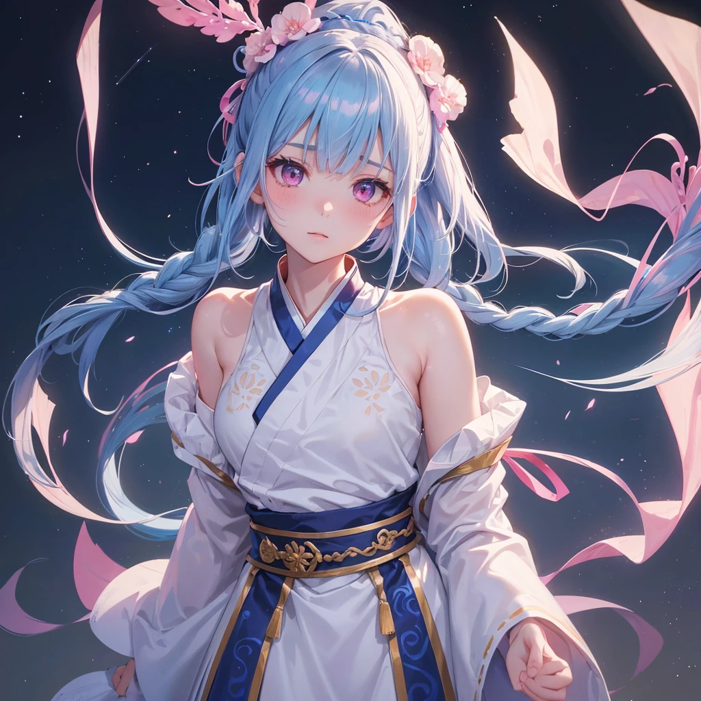Sky blue hair, (One braided ponytail),(Pink Eyes),Fair skin ,(whole body),(One girl),Hanfu,The goddess,Tanabata,(A beautiful Milky Way in the night sky),Stern face,Blushing,Straight bangs,(masterpiece, Highest quality, Very detailed, Best Shadow), (Detailed Background), (Beautifully detailed face), High Contrast, (Best lighting, Very delicate and beautiful), ((Cinematic Light)), colorful, Hyper Detail, Dramatic Light, Intricate details,