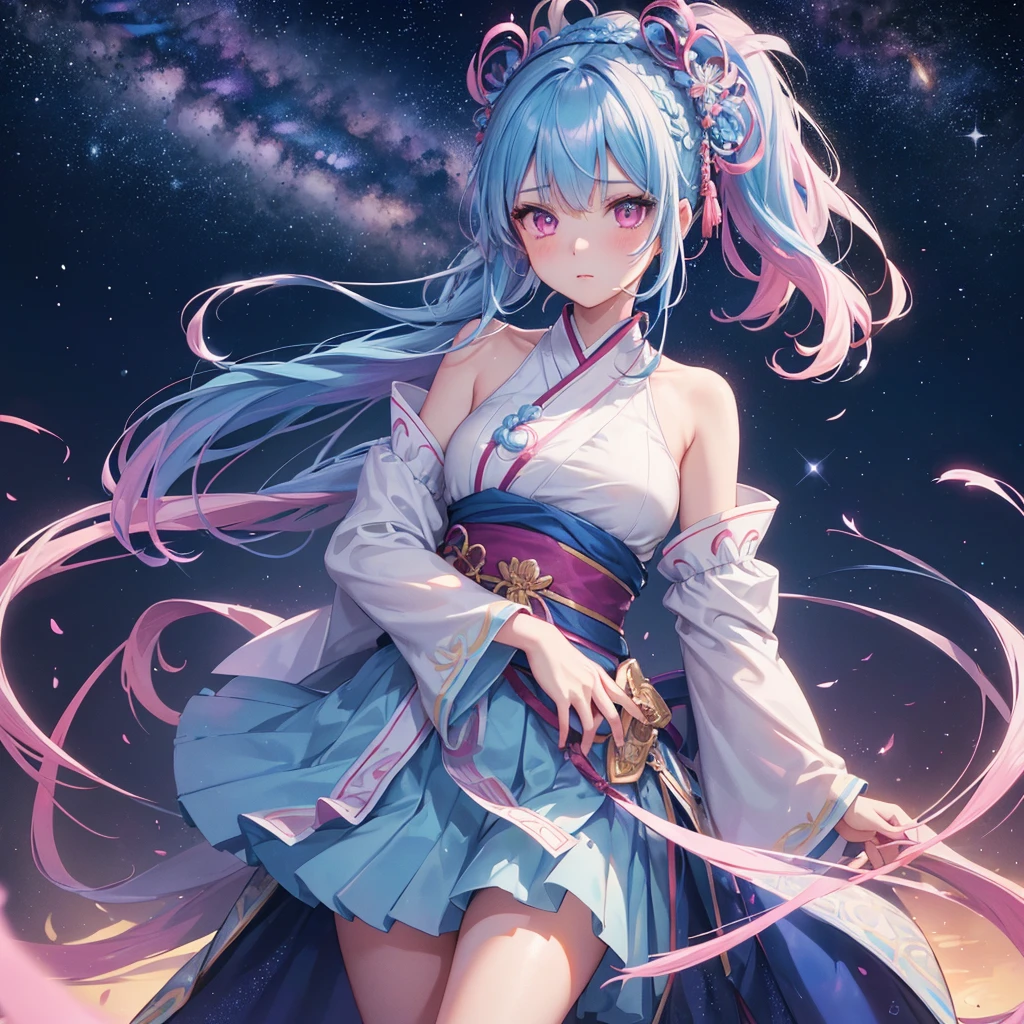 Sky blue hair, (One braided ponytail),(Pink Eyes),Fair skin ,(whole body),(One girl),Hanfu,The goddess,Tanabata,(A beautiful Milky Way in the night sky),Stern face,Blushing,Straight bangs,(masterpiece, Highest quality, Very detailed, Best Shadow), (Detailed Background), (Beautifully detailed face), High Contrast, (Best lighting, Very delicate and beautiful), ((Cinematic Light)), colorful, Hyper Detail, Dramatic Light, Intricate details,