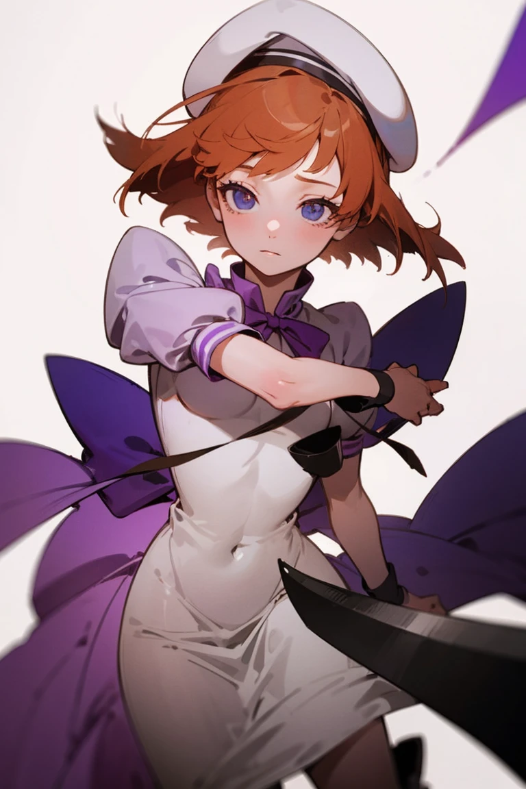 One girl，Beautiful viewasterpiece、Highest quality)，Short Hair,Orange Hair，Blue wristband，Purple ribbon，，Short sleeve，,Light colors,White Beret，Blue eyes,White slit dress，Black tights，whole body，Brown boots，Have a big machete