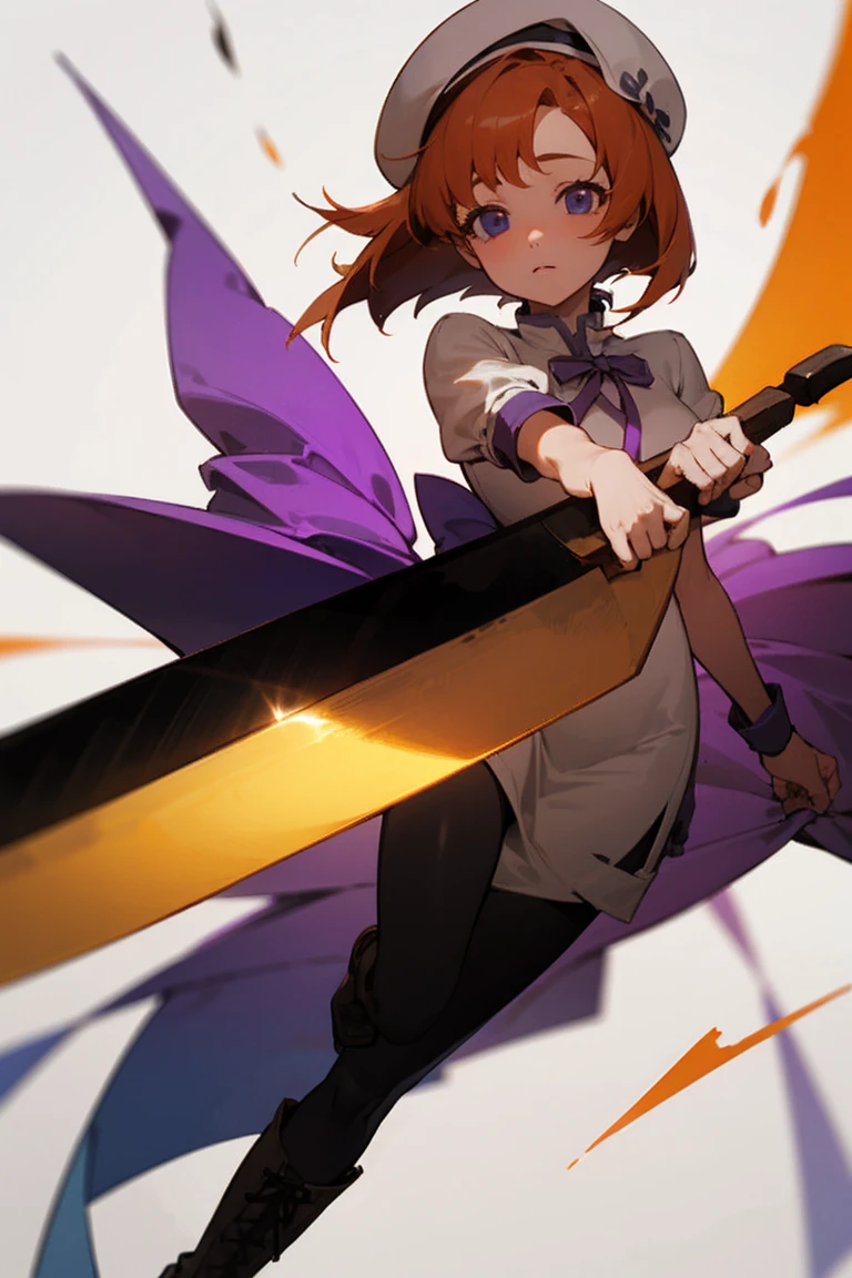 One girl，Beautiful viewasterpiece、Highest quality)，Short Hair,Orange Hair，Blue wristband，Purple ribbon，，Short sleeve，,Light colors,White Beret，Blue eyes,White slit dress，Black tights，whole body，Brown boots，Have a big machete