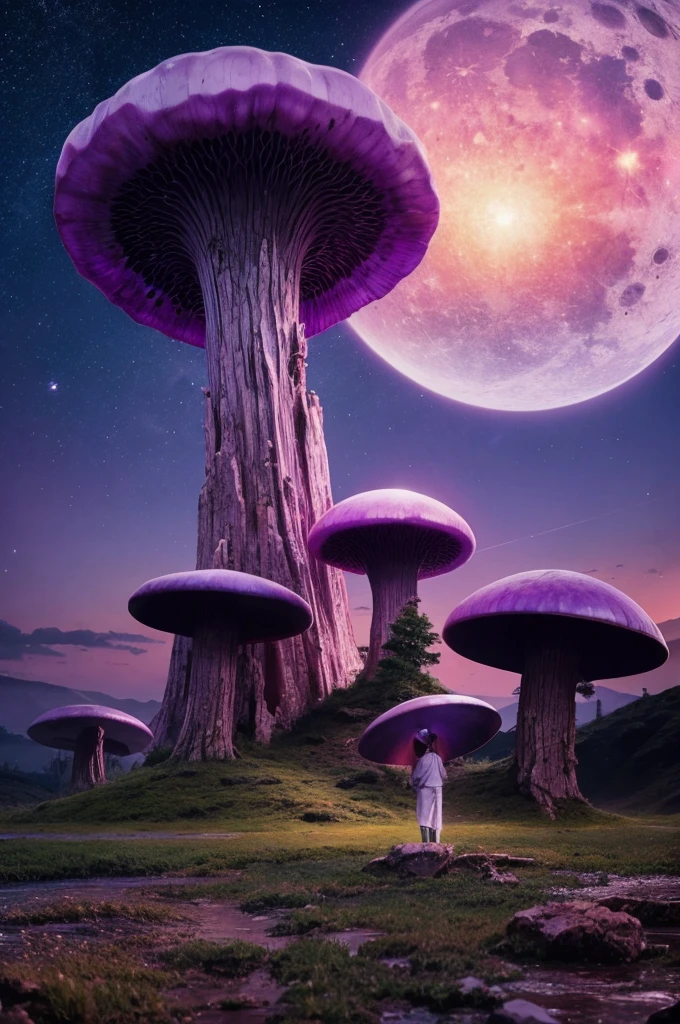Distant unknown planet、Atmospheric composition、Purple Sun、the sky is purple、Like dusk、wood々is a giant mushroom、wood々Like giant seaweed、small２four legged creature、
