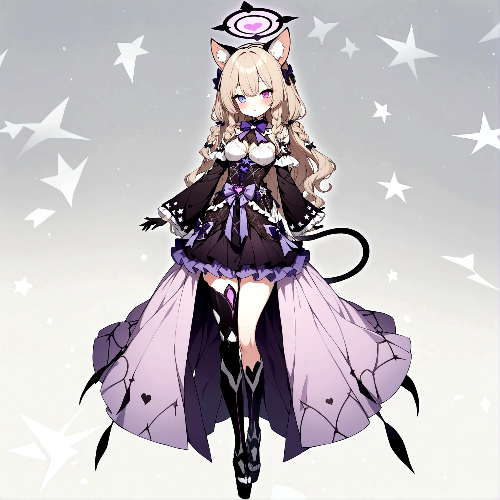 woman 170 cm tall. (character design sheet: front view). Dark blonde long hair, slim build. wavy hair with hip length curls, has a short central tuft, She has a short braid on the left side over her chest with a purple bow, She has a short braid on the right side over her chest with a purple bow. Two black and purple serval ears located on the top of the head... small face. (heterochromia: one gray eye and one purple eye), has small ribbons on the right and left side of the hair. extremely detailed face, Beautiful detailed eyes, beautiful detailed lips. adorable, extremely detailed legs, (Best Quality, 4k, 8k, high resolution), ultra detailed, Exquisite and epic character art... Black platform heels, Elegant one-piece long dress with ruffle skirt and wide sleeves. Ribbon decorations and star patterns on clothing. black gloves. gray belt at the waist with a large ribbon with a luminous pink heart in the middle. black necklace with heart emblem on the neck. It has a succubus tail with a small luminous violet star at the tip of the tail...... (wide hip). Luminous black halo with purple star patterns above his head..... (medium chest size). Mechanical legs up to the thigh in black.