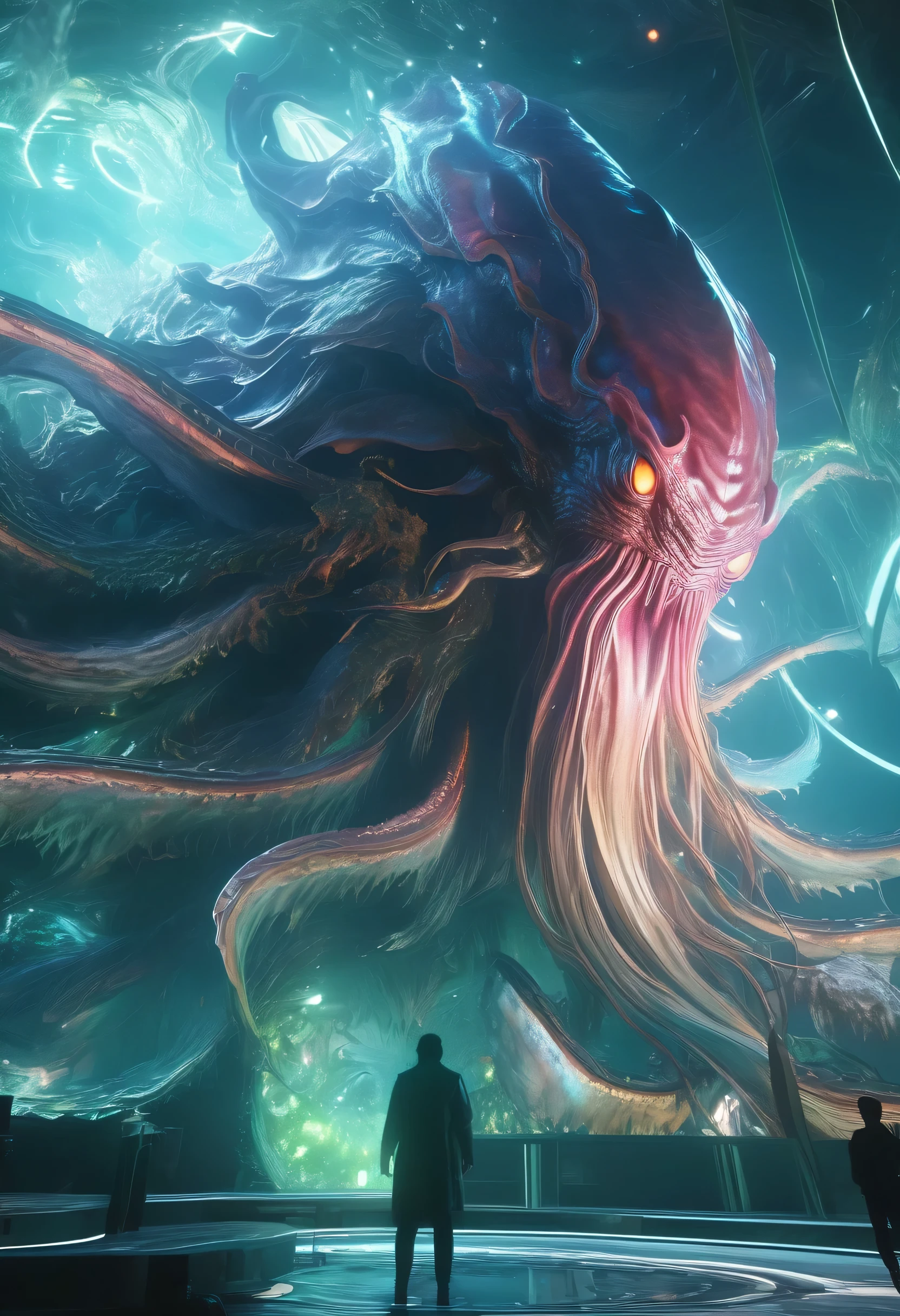 Midjourney style| perplexing ominous otherworldly creature emerging from unknown space| Lovecraftian cosmic entities| Cthulhu| horror| vibrant| sharp focus| massive scale| highly detailed| unreal engine| 8k uhd| raytracing| by Ross Tran and Guillermo del Toro