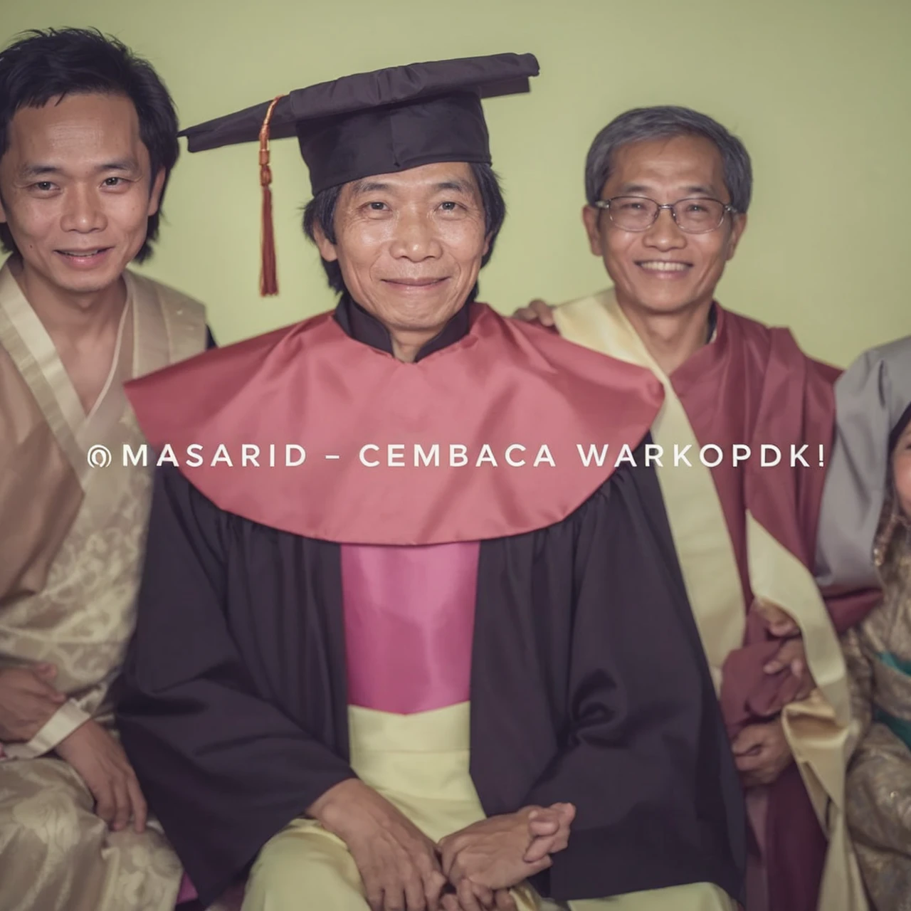 The image captures a heartwarming moment of a family celebrating a graduation. The graduate is seated between his mother and father, all three dressed in traditional Indonesian attire. The family proudly poses for a picture, with the graduate at the center of their joy.
