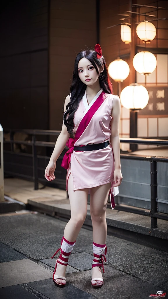 full body angle,
realistic photography, canon EOS 5D,
Japanese animation Demon Slayer, Nezuko Kamado,
Pale Pinkeyes, black andred hair, pink flare is wrapped around my body,
I'd like to transform it into a real person, live-action style, set in a realistic environment