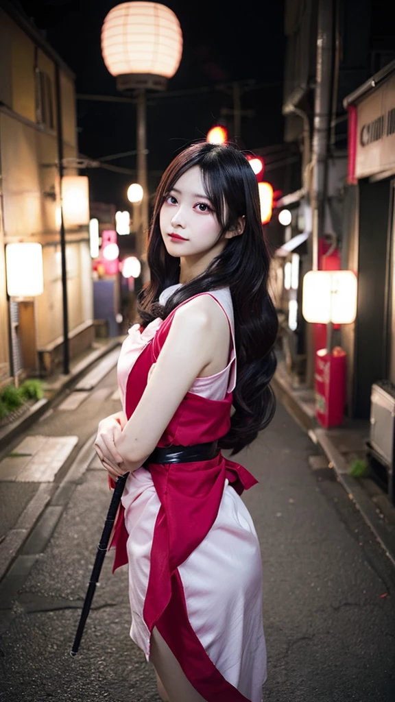 full body angle,
realistic photography, canon EOS 5D,
Japanese animation Demon Slayer, Nezuko Kamado,
Pale Pinkeyes, black andred hair, pink flare is wrapped around my body,
I'd like to transform it into a real person, live-action style, set in a realistic environment