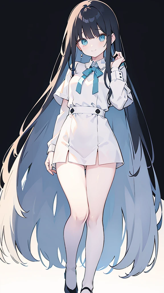 (Long black hair,Straight Hair,Air bangs),(innocent,Big aqua eyes,like a gem),(Medium chest,White skin),(Wearing a white belly shirt,and white panties,Show skin on hands and thighs),(The overall length of the dress should not exceed the thigh,You should be able to see the curve of your thighs,Highlight your figure),(Only above the thigh,Stand up straight,Put your hands behind your back),(The expression looks a little shy,but with a smile),(light black background)