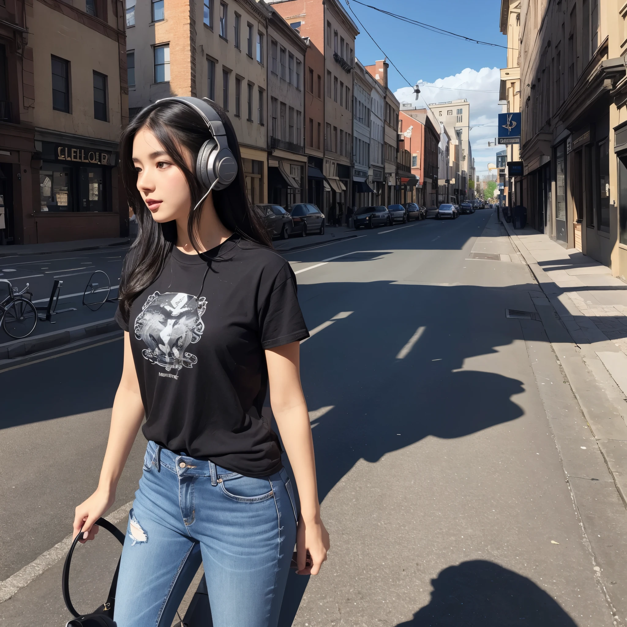 (masterpiece, Highest quality, Very detailed, Best Shadow), (Detailed Background,) woman, Black Hair, long, In town, Headphones, T-Shirts, jeans