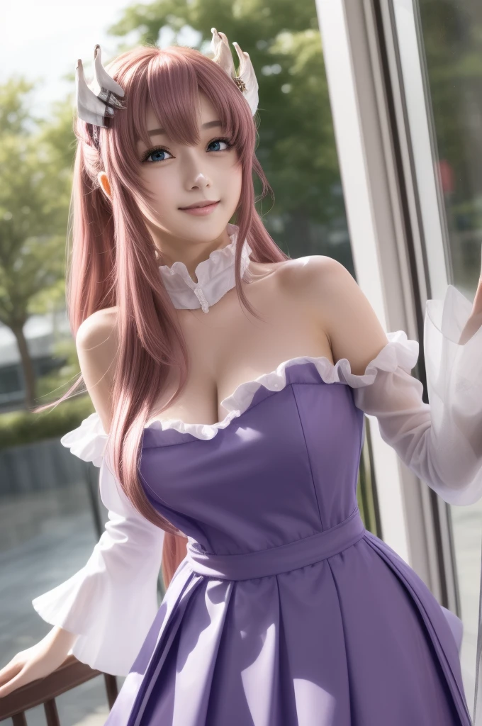 lacusclyne, lacus clyne, (purple eyes:1.1), hair ornament, long hair, wave hair ornament, pink hair, smile, open mouth,
BREAK dress, long dress, long sleeves, white sleeves, frills frilled skirt, frilled sleeves, detached sleeves, bare shoulders, purple skirt, purple frills,
BREAK 1girl, 20 years old, (Generous Breasts:1.2), Plump shape, 
BREAK looking at viewer, (cowboy shot:1.5),
BREAK outdoors, space, star \(sky\), sun, 
BREAK (Highest quality、4K、8K, masterpiece:1.3), Ultra detailed face, Detailed lips, Detailed eyes, double eyelid, BREAK, (Encouraging smile:1.3), (Seductive pose:1.5), (dynamic pose:1.3), dynamic angle, BREAK, 