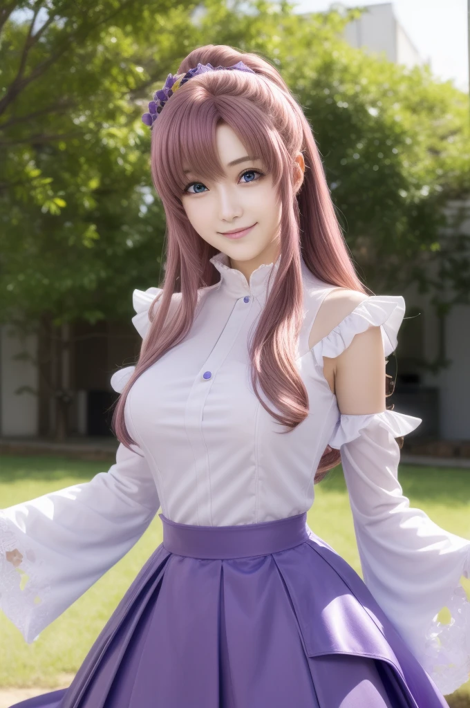 lacusclyne, lacus clyne, (purple eyes:1.1), hair ornament, long hair, wave hair ornament, pink hair, smile, open mouth,
BREAK dress, long dress, long sleeves, white sleeves, frills frilled skirt, frilled sleeves, detached sleeves, bare shoulders, purple skirt, purple frills,
BREAK 1girl, 20 years old, (Generous Breasts:1.2), Plump shape, 
BREAK looking at viewer, (cowboy shot:1.5),
BREAK outdoors, space, star \(sky\), sun, 
BREAK (Highest quality、4K、8K, masterpiece:1.3), Ultra detailed face, Detailed lips, Detailed eyes, double eyelid, BREAK, (Encouraging smile:1.3), (Seductive pose:1.5), (dynamic pose:1.3), dynamic angle, BREAK, 