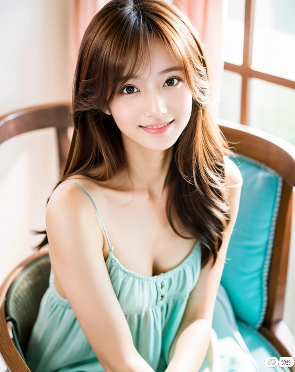 (Highest quality, 32k, High resolution, masterpiece:1.5, ), Memorable photos in abstract style, ((In a swirl of fantastic pastel colors and soft light)), Evokes a sense of calming serenity and elusive beauty, Very rich emotional expression, Have a rich imagination, Cute Japanese Girl, Full Body Shot, Hunchback, Very beautiful face, Magic big eye, A kind smile, Motherhood and generosity, Overflowing affection, ((Shiny brown hair)), Beautifully styled silky medium-long hair, Asymmetrical bangs, Hair between the eyes, transparent, soft, White skin, skinny, Neat, Thin eyebrows, double eyelid, Pale pink lips detail, ((Full nudity)), High resolutionの完璧な鎖骨, High resolutionの美しい胸元, Slender body with ample breasts, High resolutionの美しい太もも, Thin pubic hair, Beautiful Vagina,Clearly visible anus, Bedroom, Soft sunlight, Professional Lighting, Professional Photographer, Professional models,mysterious、Sit on a chair with your legs spread