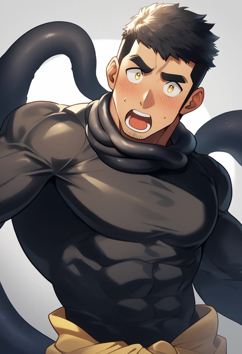 anime characters：Superhero in tights, negro black skin, He was entangled by a large number of thick black tentacles, Very stout, Lots of mucus, Wrap around the neck, Wrap around the waist, Tightly tied, Manliness, male focus, Yellow and black high collar long sleeve tight T-shirt, Slightly transparent material, Very tight, Round, full and perky chest muscles, Male dog waist, Slightly transparent, muscular male, muscular, only, Upper body, alone, Black short hair, Thick eyebrows, stubble, Yellow eyes, Grey background, simple background, amazing quality, best aesthetics, Ridiculous, bright pupils, crew cut, parted lips, blush, open mouth, scared, drop shadow, best quality