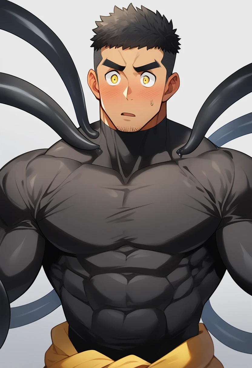 anime characters:Superhero in tights, negro black skin, He was entangled by a large number of thick black tentacles, Very stout, Lots of mucus, Wrap around the neck, Wrap around the waist, Tightly tied, Manliness, male focus, Yellow and black high collar long sleeve tight T-shirt, Slightly transparent material, Very tight, Round, full and perky chest muscles, Male dog waist, Slightly transparent, muscular male, muscular, only, Upper body, alone, Black short hair, Thick eyebrows, stubble, Yellow eyes, Grey background, simple background, amazing quality, best aesthetics, Ridiculous, bright pupils, crew cut, parted lips, blush, open mouth, scared, drop shadow, best quality