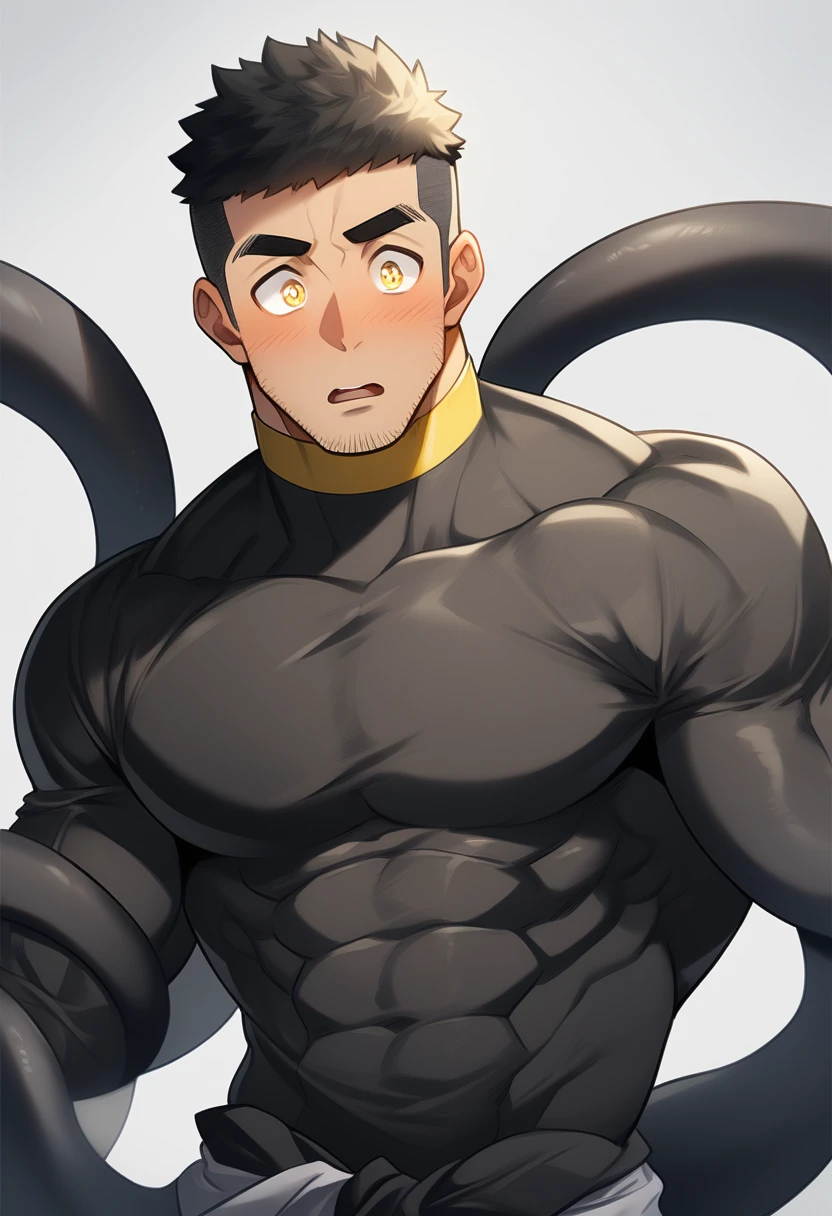 anime characters:Superhero in tights, negro black skin, He was entangled by a large number of thick black tentacles, Very stout, Lots of mucus, Wrap around the neck, Wrap around the waist, Tightly tied, Manliness, male focus, Yellow and black high collar long sleeve tight T-shirt, Slightly transparent material, Very tight, Round, full and perky chest muscles, Male dog waist, Slightly transparent, muscular male, muscular, only, Upper body, alone, Black short hair, Thick eyebrows, stubble, Yellow eyes, Grey background, simple background, amazing quality, best aesthetics, Ridiculous, bright pupils, crew cut, parted lips, blush, open mouth, scared, drop shadow, best quality