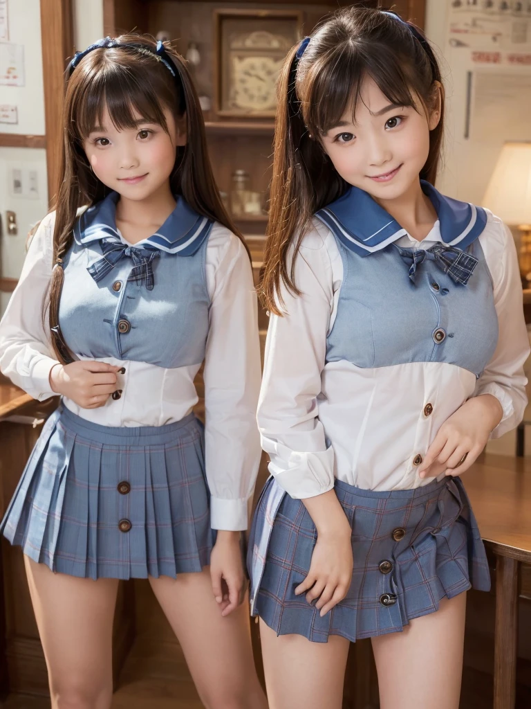 Highest quality、masterpiece、、Very detailed、Realistic、(Young face:1.4)、(Looks like an elementary school kid:1.4)、(Two Girls)、(Looking at me with a mischievous smile)、whole body、Small face、Narrow shoulders、(Big Breasts:1.4)、Thin and beautiful legs、Tight and slim waist、(Waitress uniform with buttons and collar:1.2)、(Light blue plaid mini skirt:1.1)、Short Hair、restaurant、(Open the chest buttons a little:1.6)、(Leaning forward:1.6)