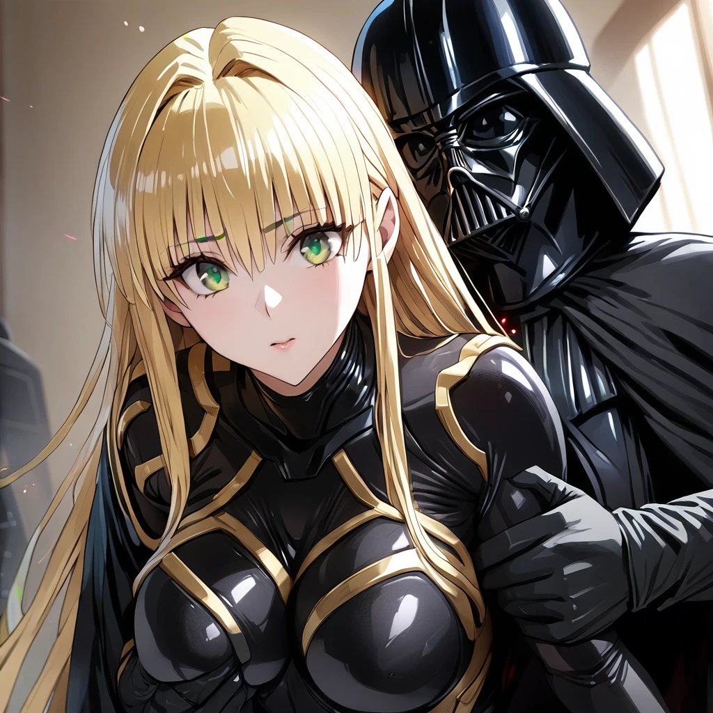 ((Highest quality)), ((masterpiece)), (detailed), (Perfect Face)、The woman is a Stormtrooper named Tiare, with green eyes, medium-length blonde hair, and is wearing a gorgeous black Stormtrooper bodysuit with gold patterns and trim, and a gorgeous black cape.、The woman is being held by Darth Vader