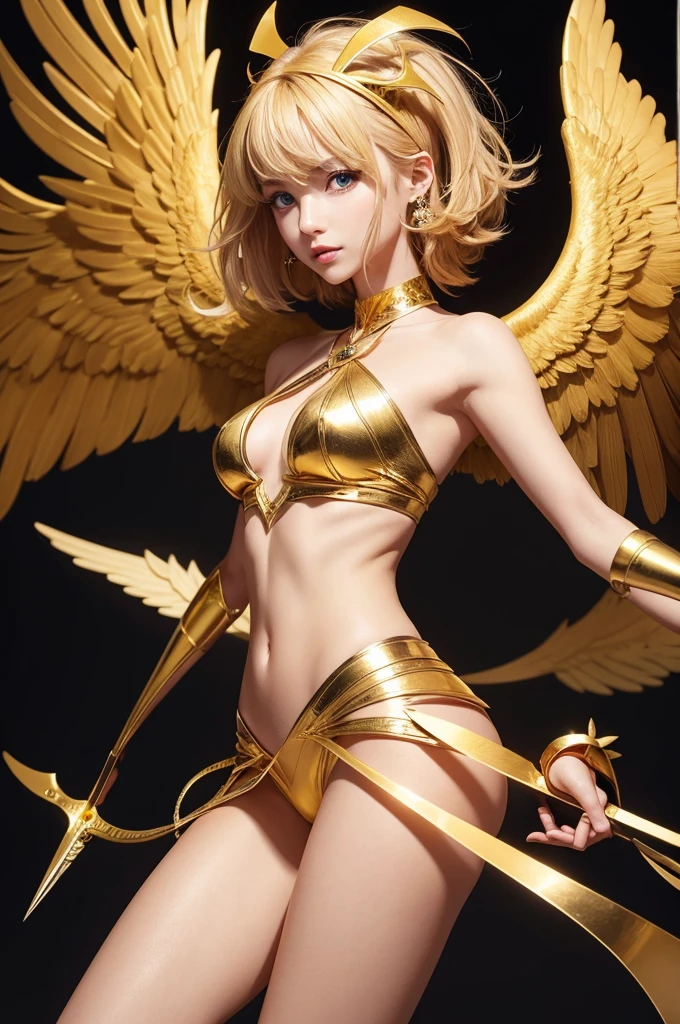 A scissors with wings around it with golden color