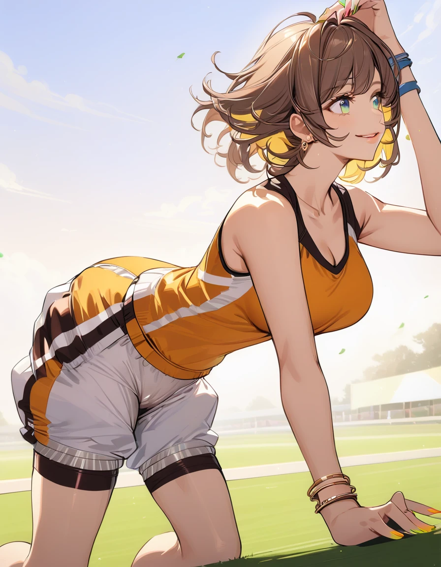 (Highest quality:1.2, High Detail, masterpiece:1.2, Best aesthetics), (1 girl), Beautiful woman, Beautiful detailed eyes, Beautiful detailed lips, Highly detailed face, Delicate depiction of hair and eyes, Detailed Fashion, (detailed background:1.2) ((Portraiture, Cowboy Shot)), Aqua Eye, huge ahoge, Mouth open, Earrings, View your viewers, big breasts, upper body, full body from knees to head, gaze away, gaze into the distance, smile lightly, fancy nails, bracelet, medium hair, yellow color inner hair, brown hair, (track and field wear, tight racing bloomers, separate:1.4), sports bra