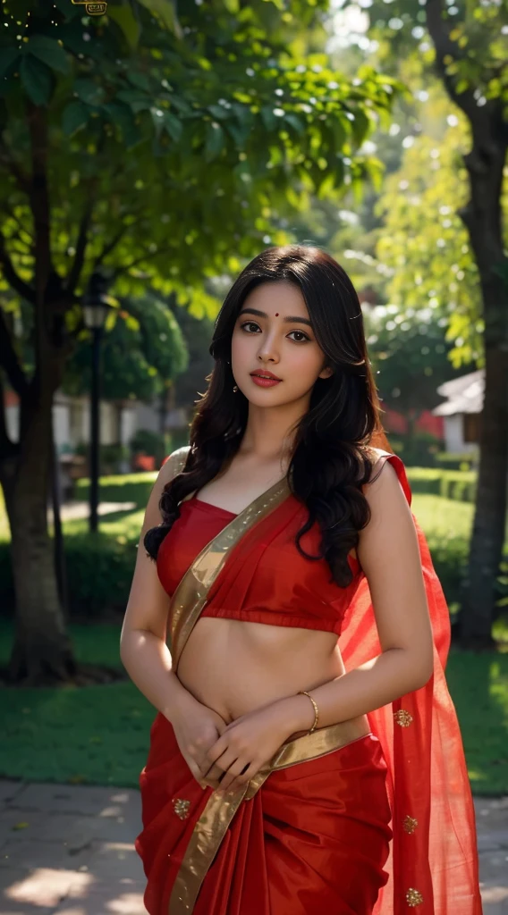 Masterpiece, highest quality, high resolution, solo, desi girl with chubby face and natural skin, wearing saree with panty and bra out looking curvy figure, looking deep novel,charming black hair with hair ends subtly blended with blonde hues, backdrop of lush greenary village, bokeh effect creating a dreamy atmosphere.