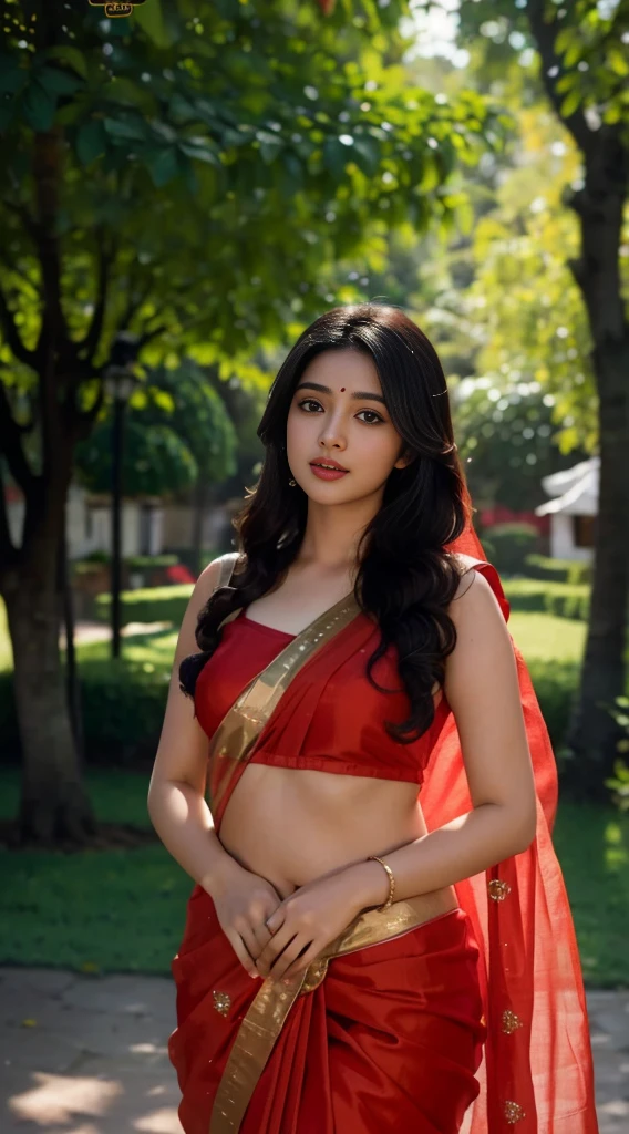 Masterpiece, highest quality, high resolution, solo, desi girl with chubby face and natural skin, wearing saree with panty and bra out looking curvy figure, looking deep novel,charming black hair with hair ends subtly blended with blonde hues, backdrop of lush greenary village, bokeh effect creating a dreamy atmosphere.