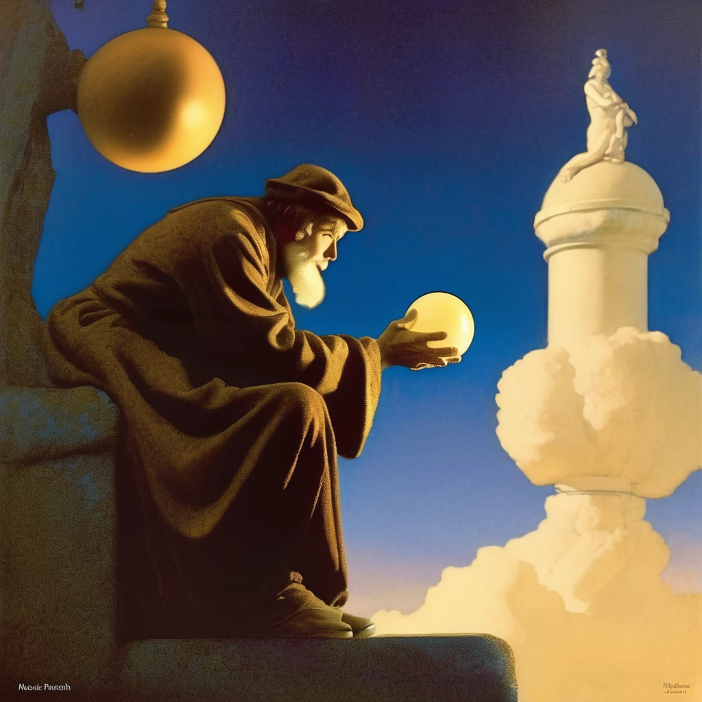 Maxfield Parrish Style - wizard gazing at orb Maxfield Parrish art