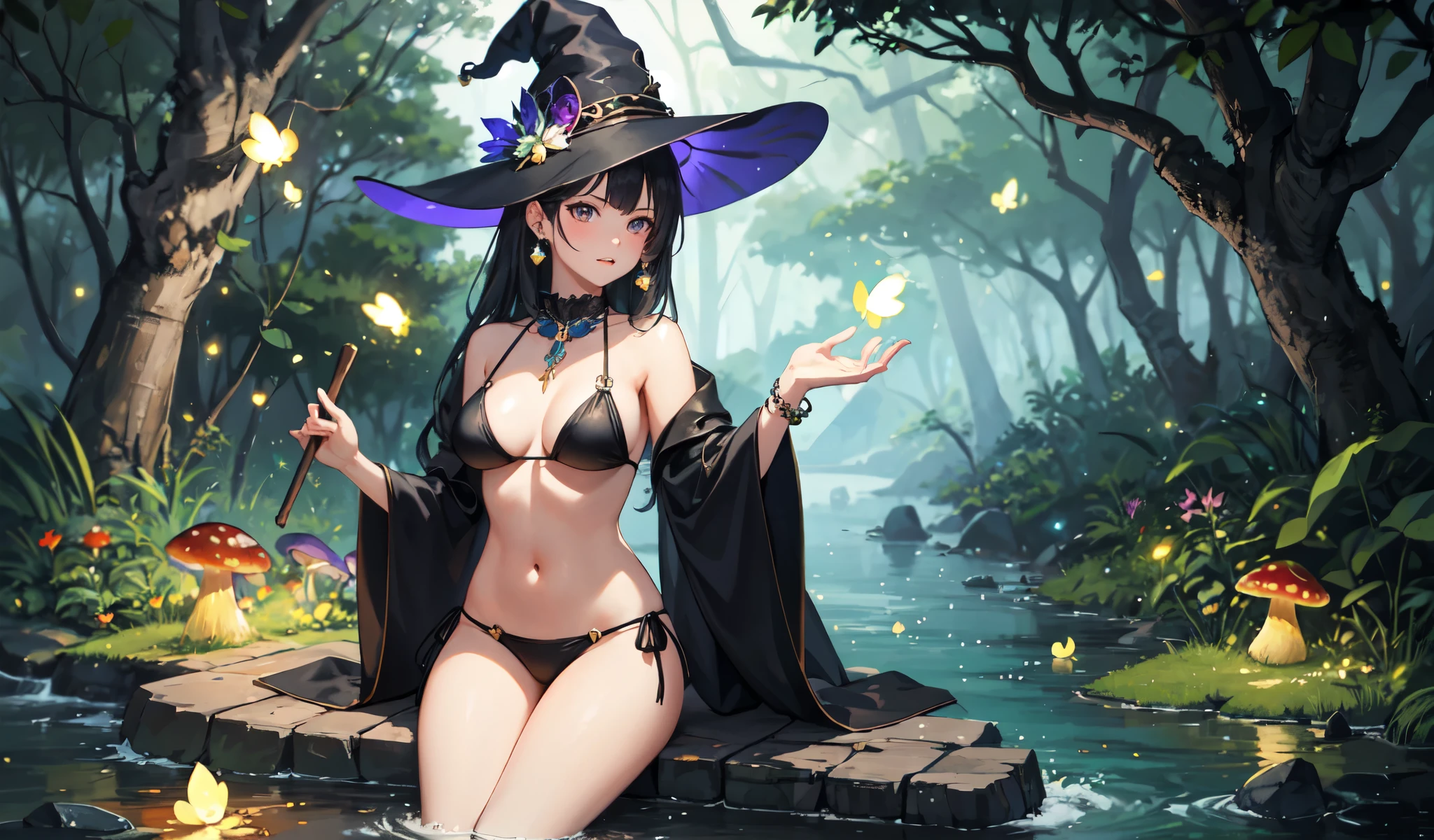 ((Highest quality)), ((masterpiece)), (detailed), sexy,A witch is at the river in the forest,Wearing a pareo over a bikini,night,Glowing mushrooms and fireflies are beautiful,Jewelry and earrings are stylish