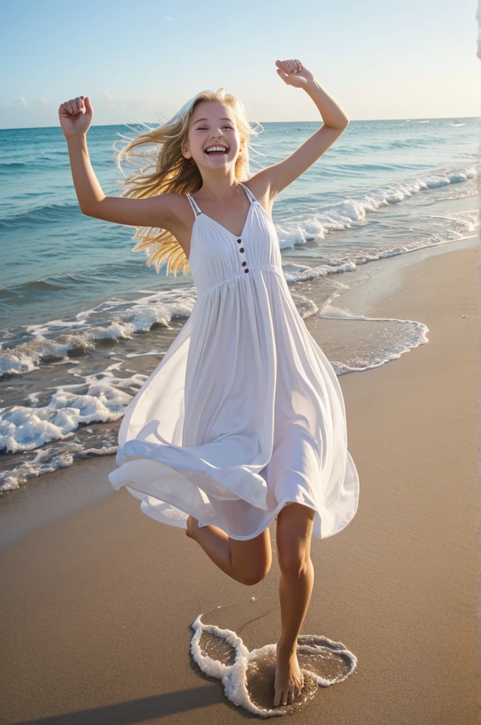 Joyful Carefree Blonde 14 years old girl infinite smiling laughing running away jumping raising hands and spinning around with white a-line dress in beach