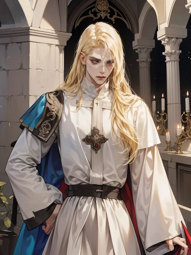 One, Castlevania Lord handsome, a thin man heads a monastery, white fabric clothes with crosses, priest, dynamic pose, super detailed face, long hair, blonde hair, Sharp facial features, adult, handsome man, in medieval attire