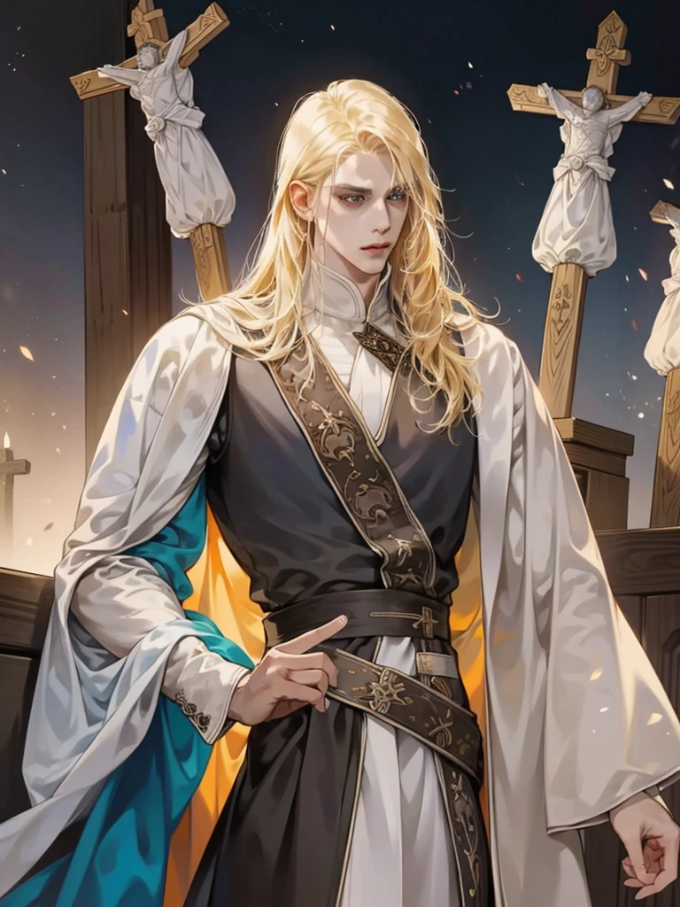 One, Castlevania Lord handsome, a thin man heads a monastery, white fabric clothes with crosses, priest, dynamic pose, super detailed face, long hair, blonde hair, Sharp facial features, adult, handsome man, in medieval attire