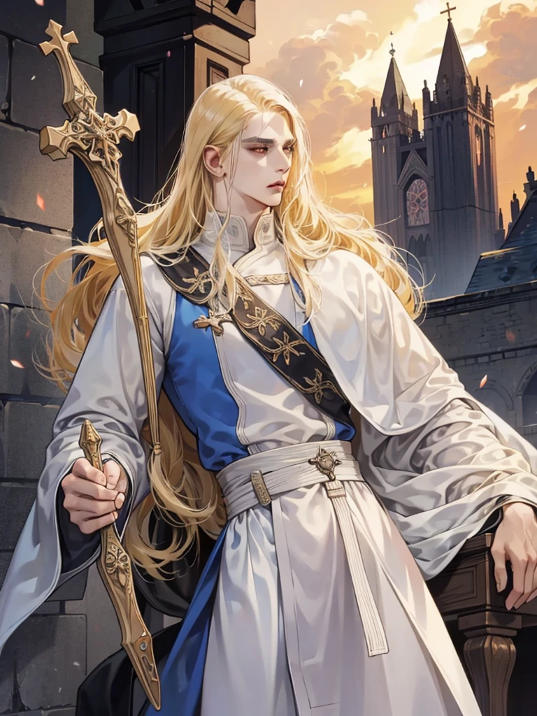 One, Castlevania Lord handsome, a thin man heads a monastery, white fabric clothes with crosses, priest, dynamic pose, super detailed face, long hair, blonde hair, Sharp facial features, adult, handsome man, in medieval attire